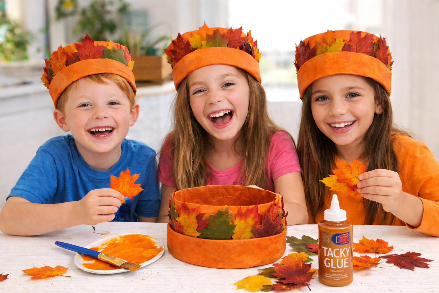 Kids crafting fall-themed hats together

