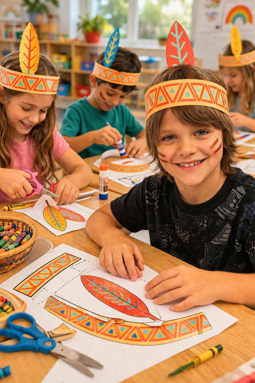kids making the native american headdress craft