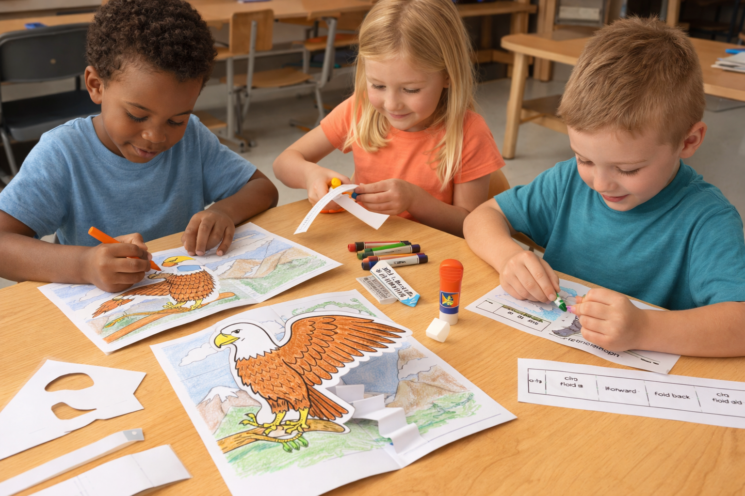 kids making eagle pop up cards