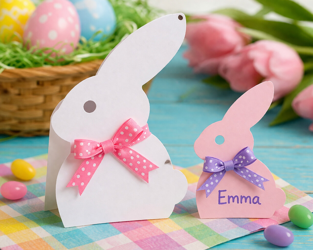 easter bunny cards in pastel colors on a decorated table