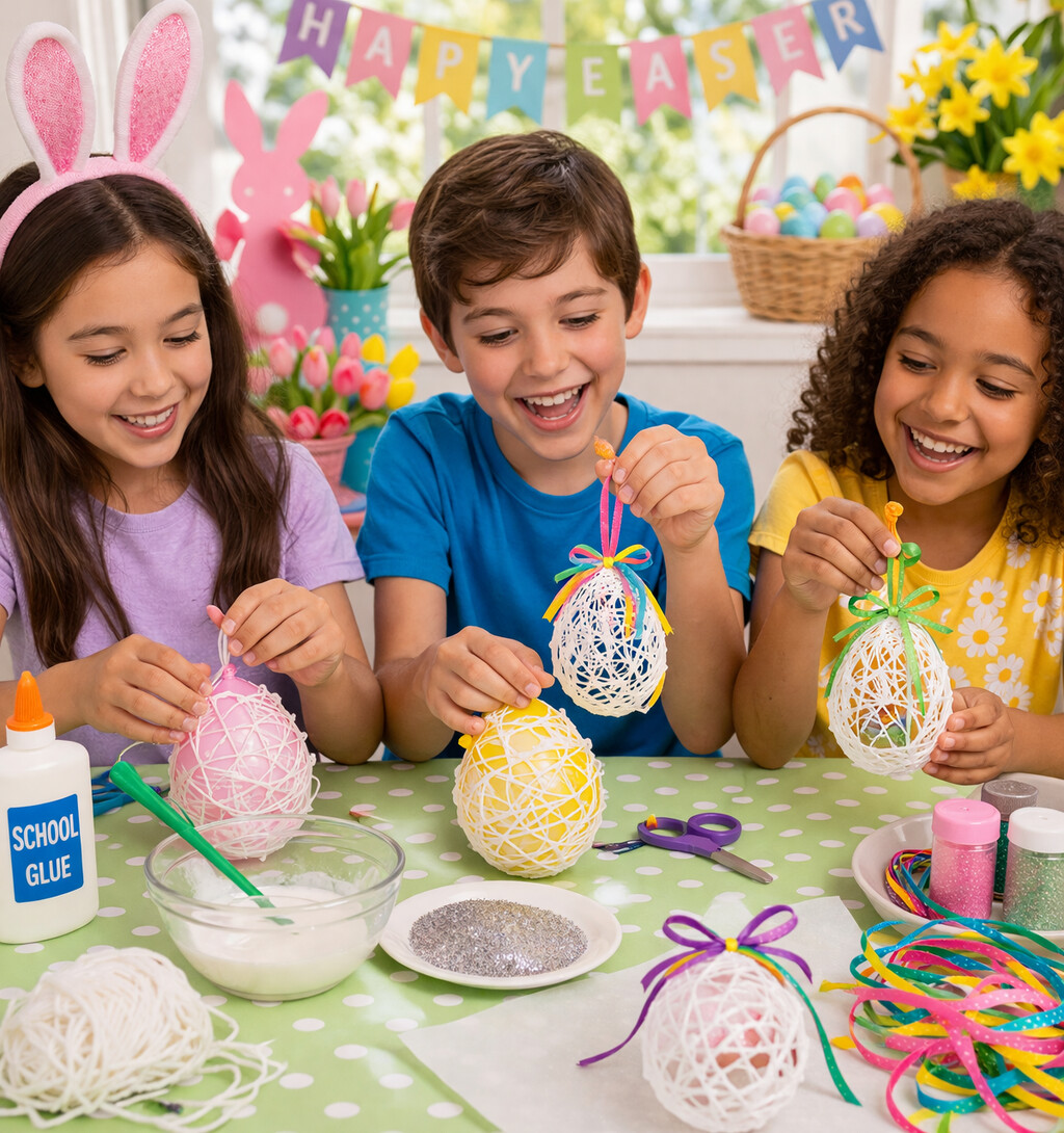 kids making the string art easter craft
