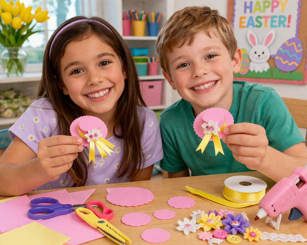 kids making easter bonnet pins