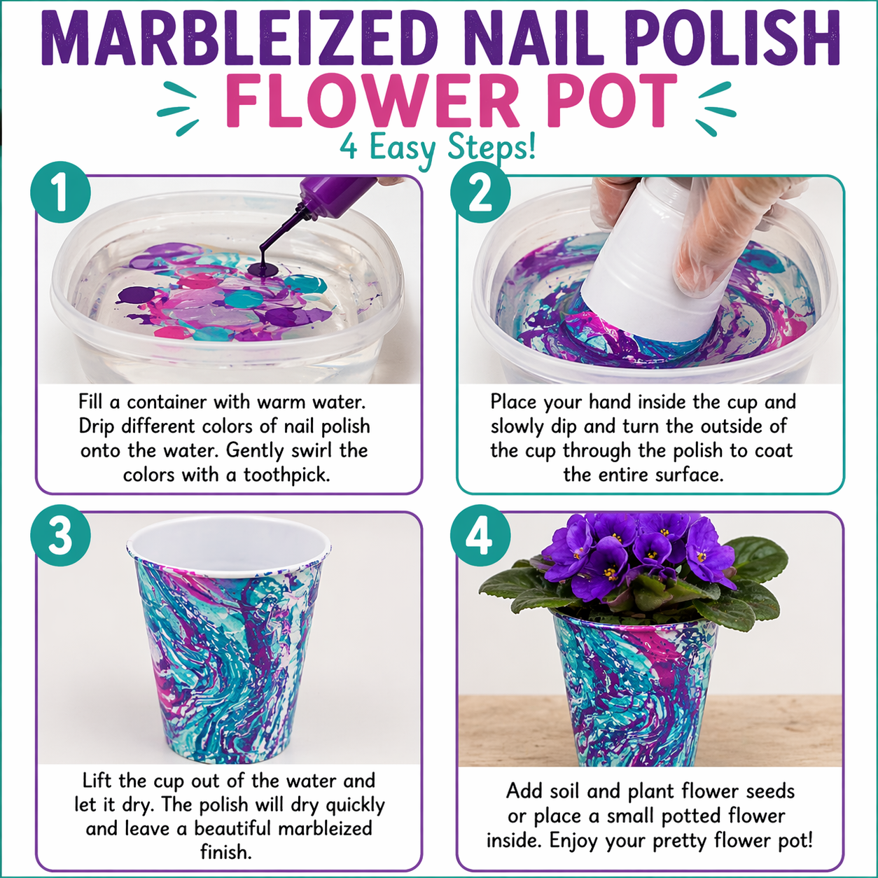 Marbleized nail polish flower pot tutorial

