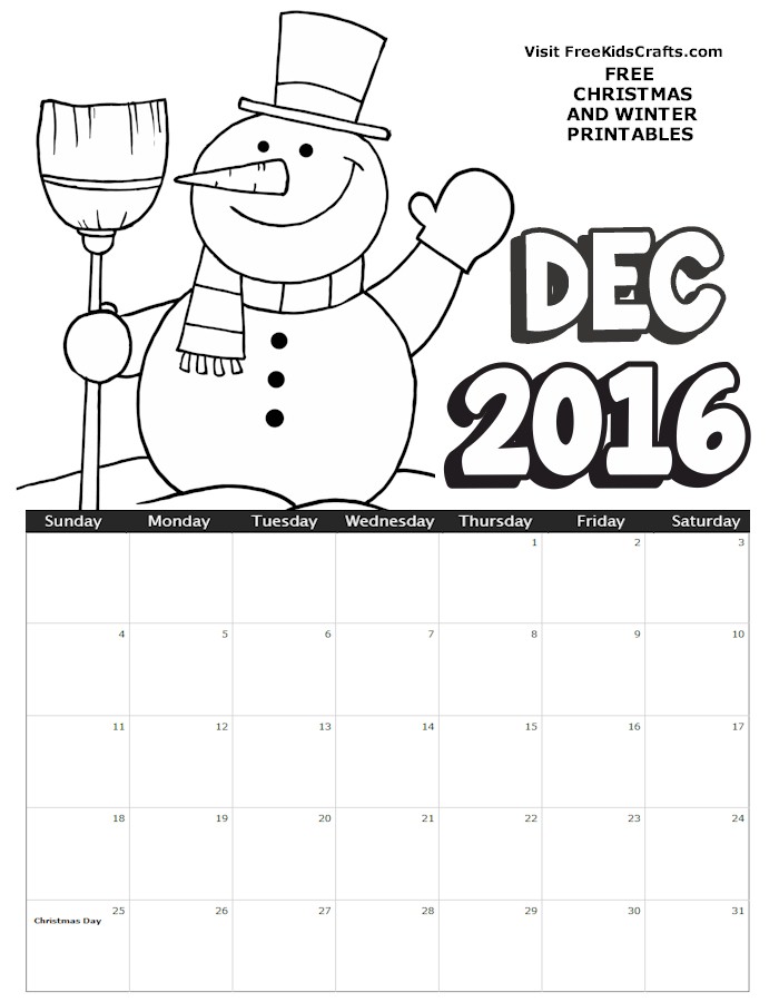 2016 December Coloring Calendar