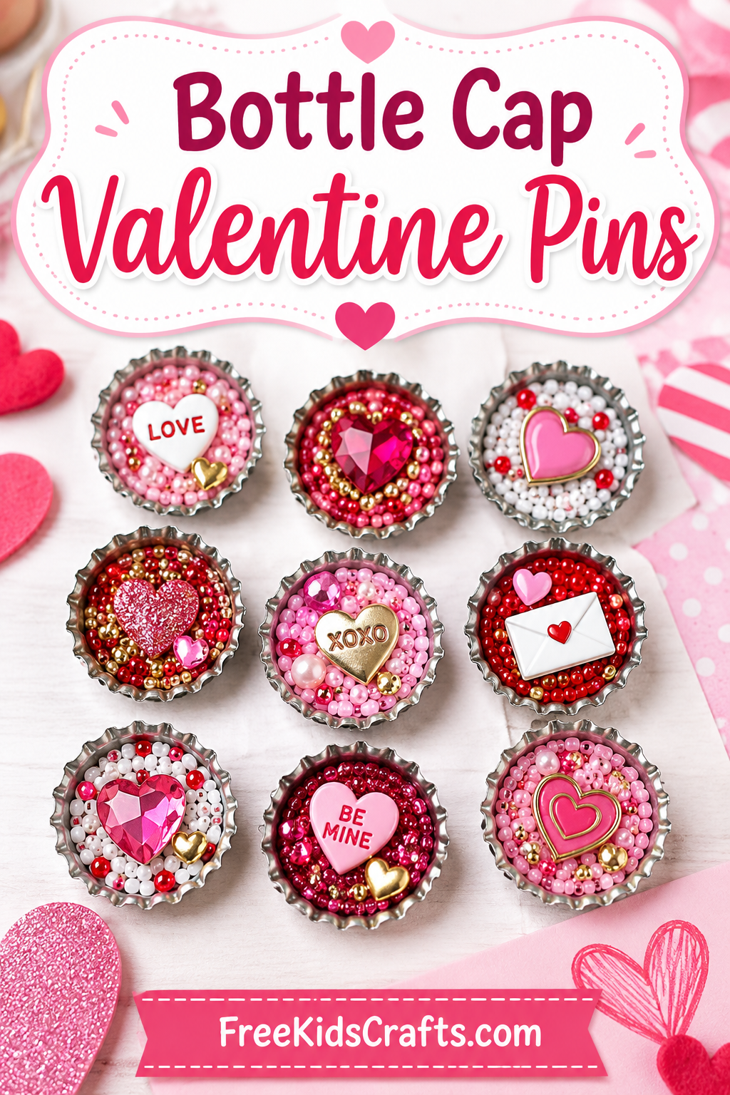 Colorful DIY Valentine bottle cap pins