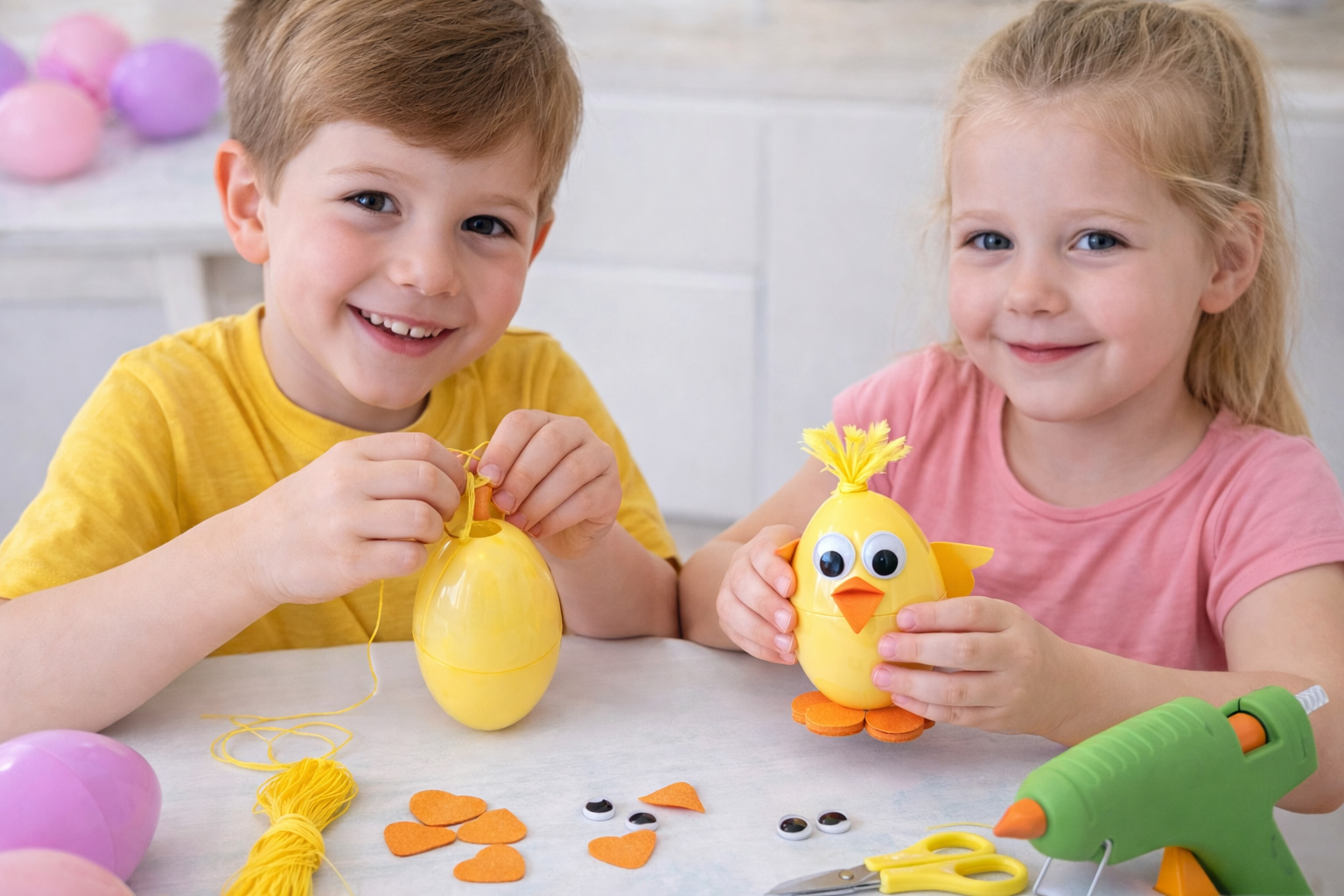 kids making plastic easter chicks