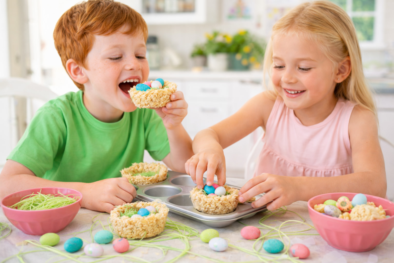 kids eating and decorating rice Krispie nests