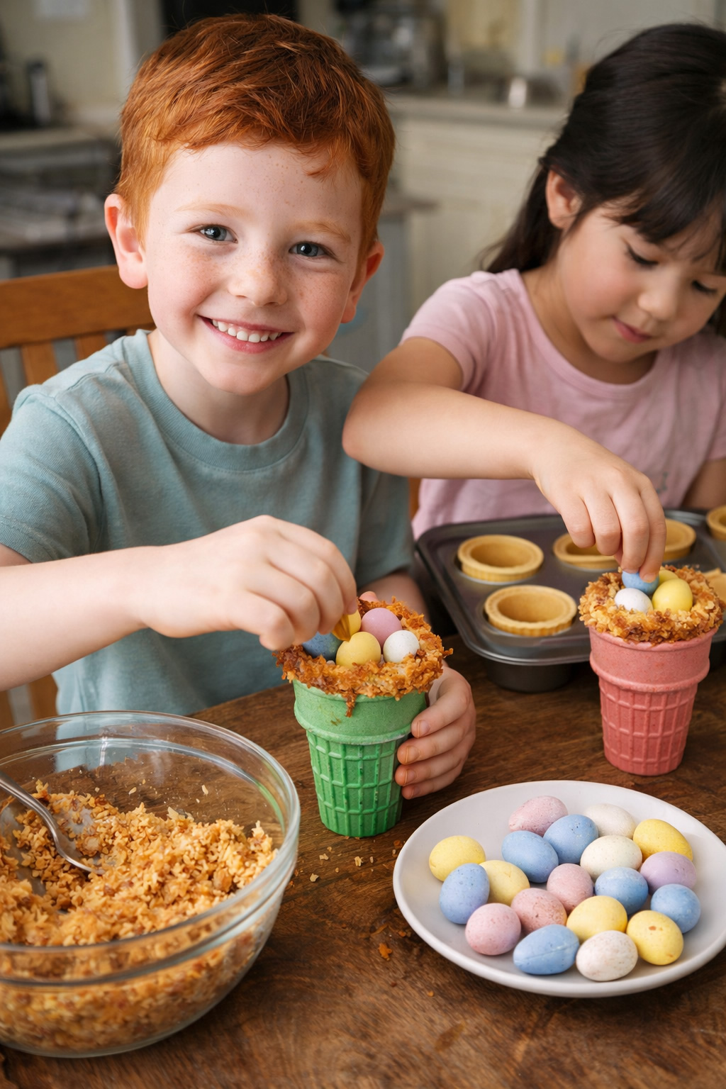 kids making easter snack cones