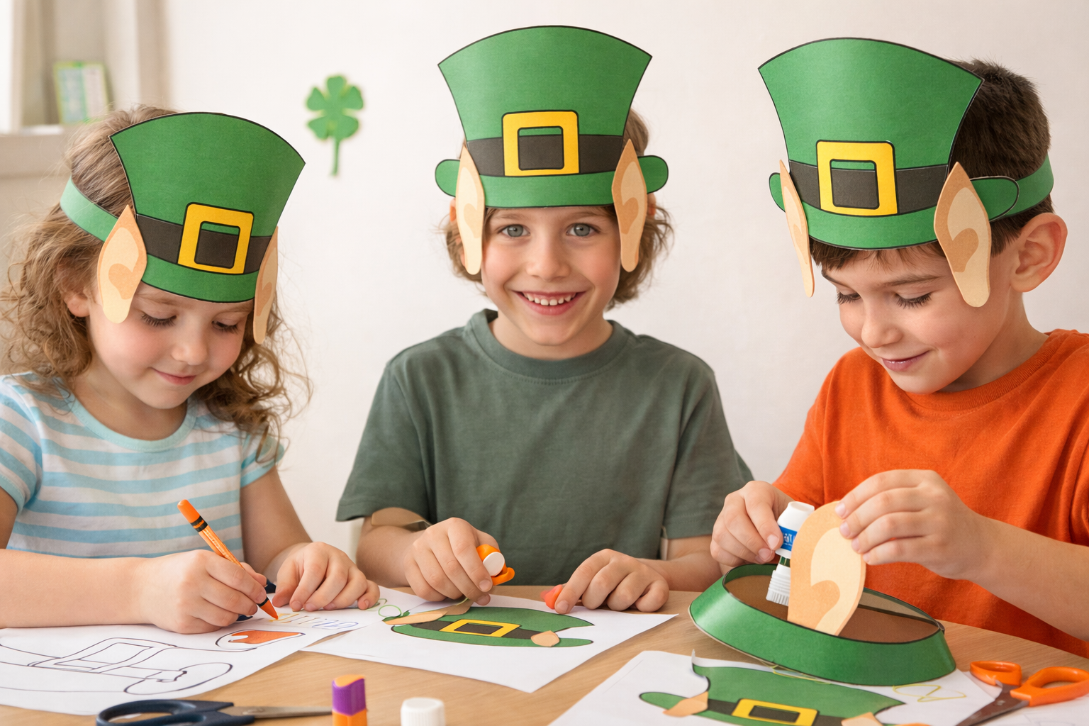 kids making green leprechaun hats
