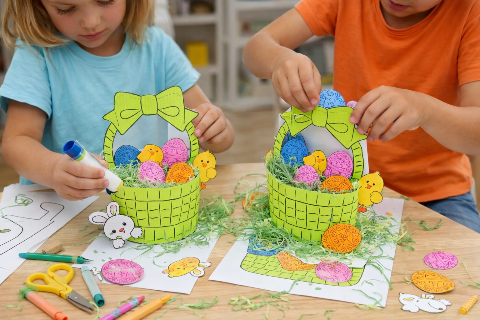 kids making printable easter baskets