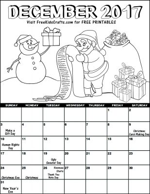 Kids 2017 Printable December Coloring Calendar