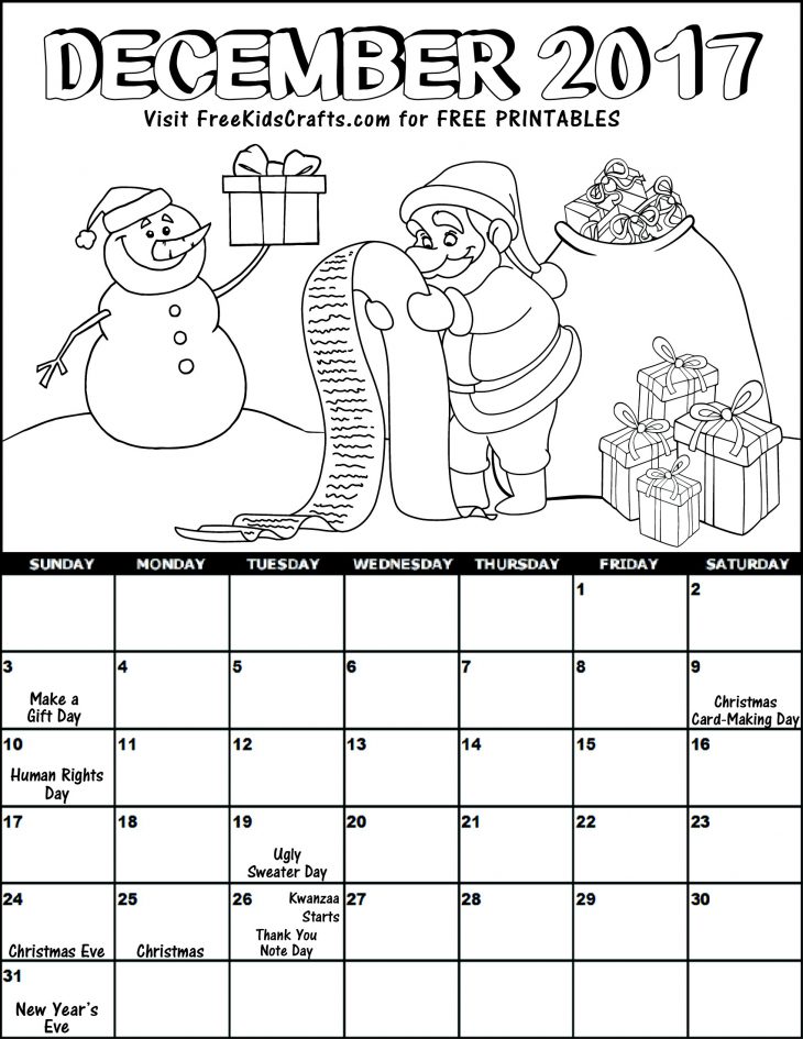 Kids 2017 Printable December Coloring Calendar