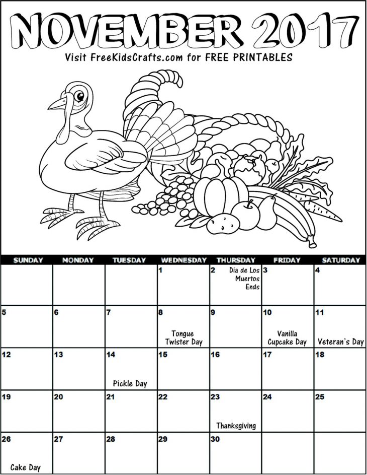 2017 November Coloring Calendar