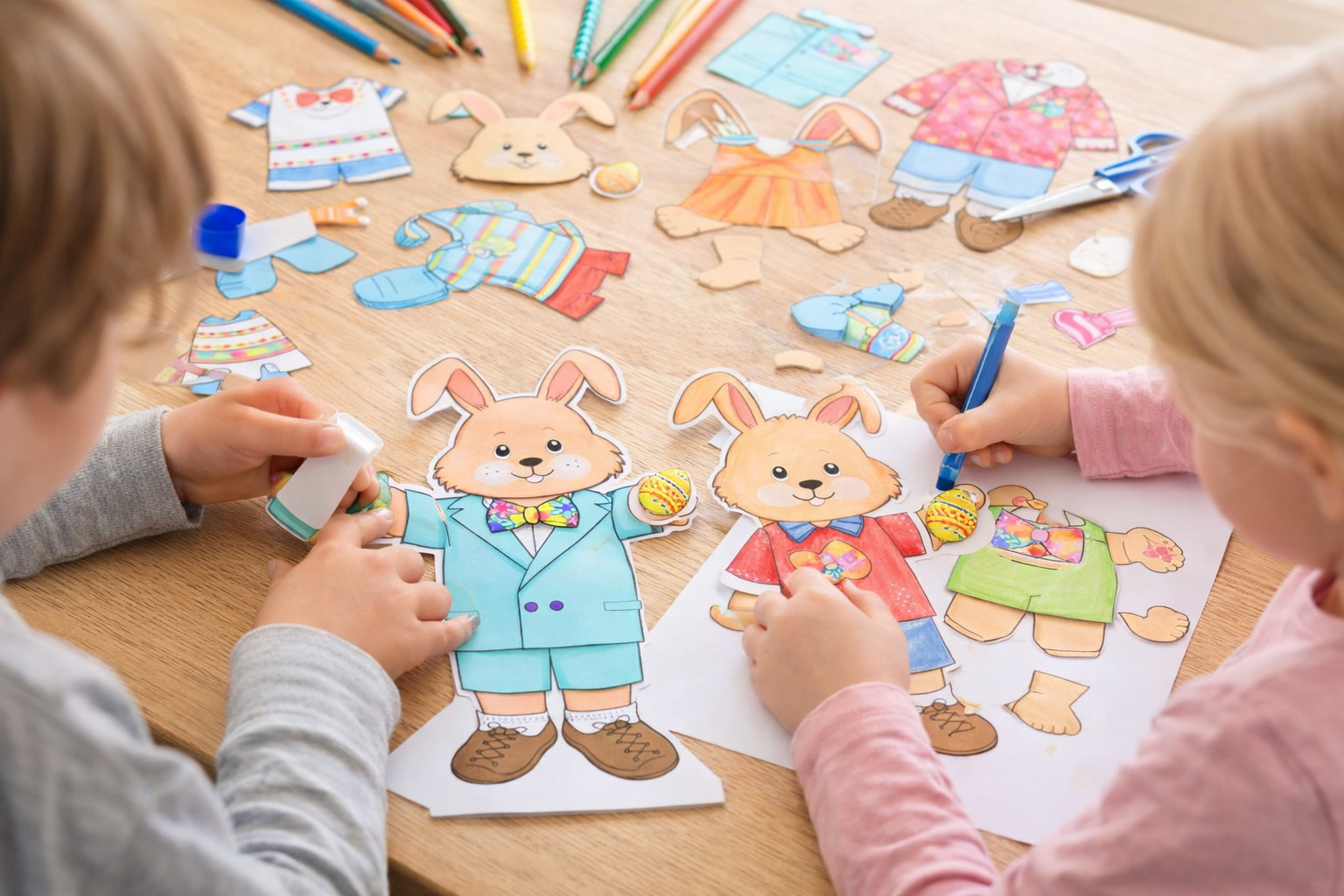 kids making easter bunny paper dolls