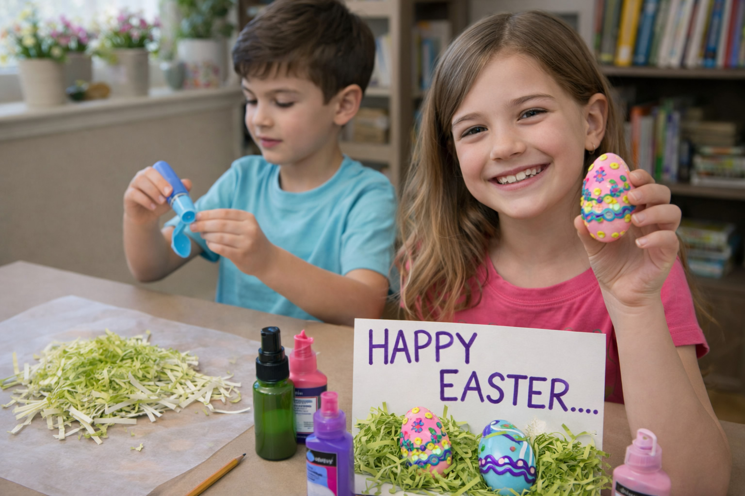 kids making decorated recycled spoon easter eggs
