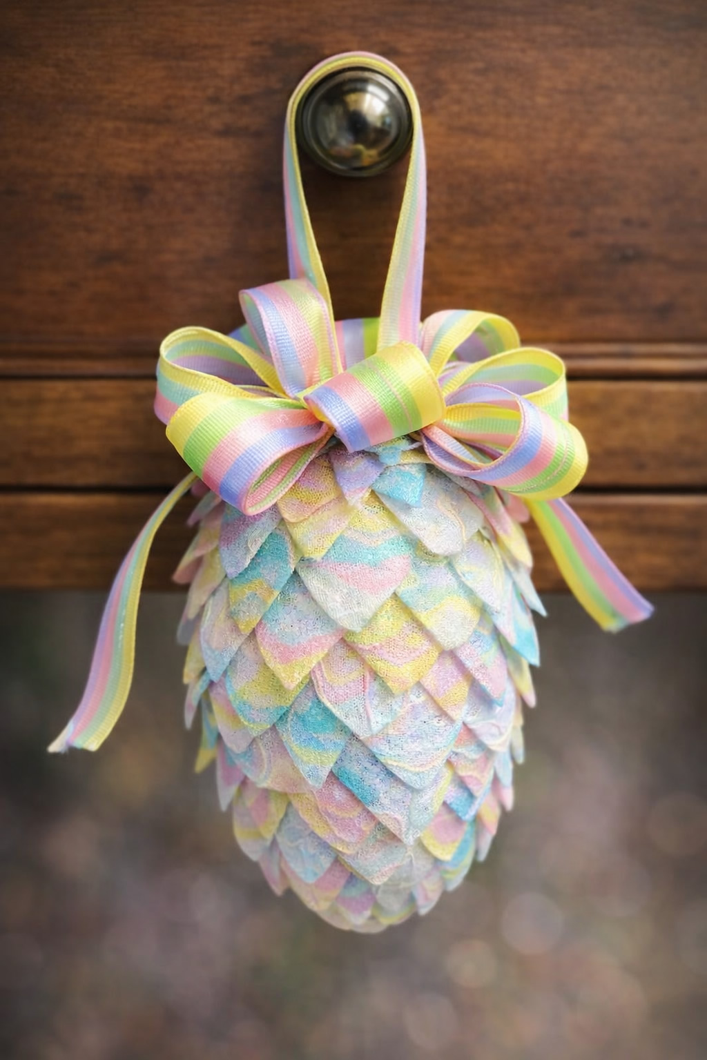 easter egg pinecone hanging on a dresser knob