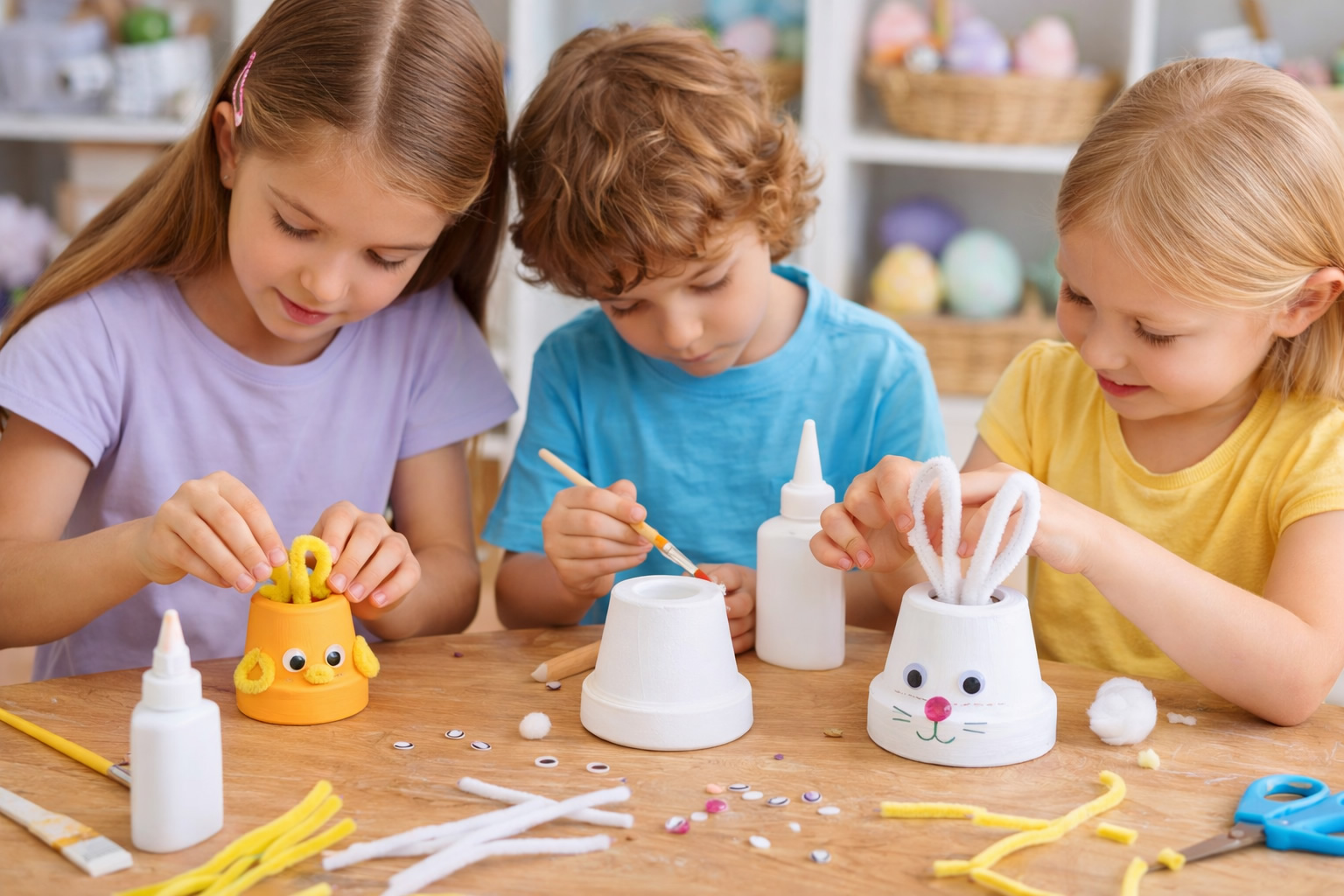 kids making easter flower pot pets
