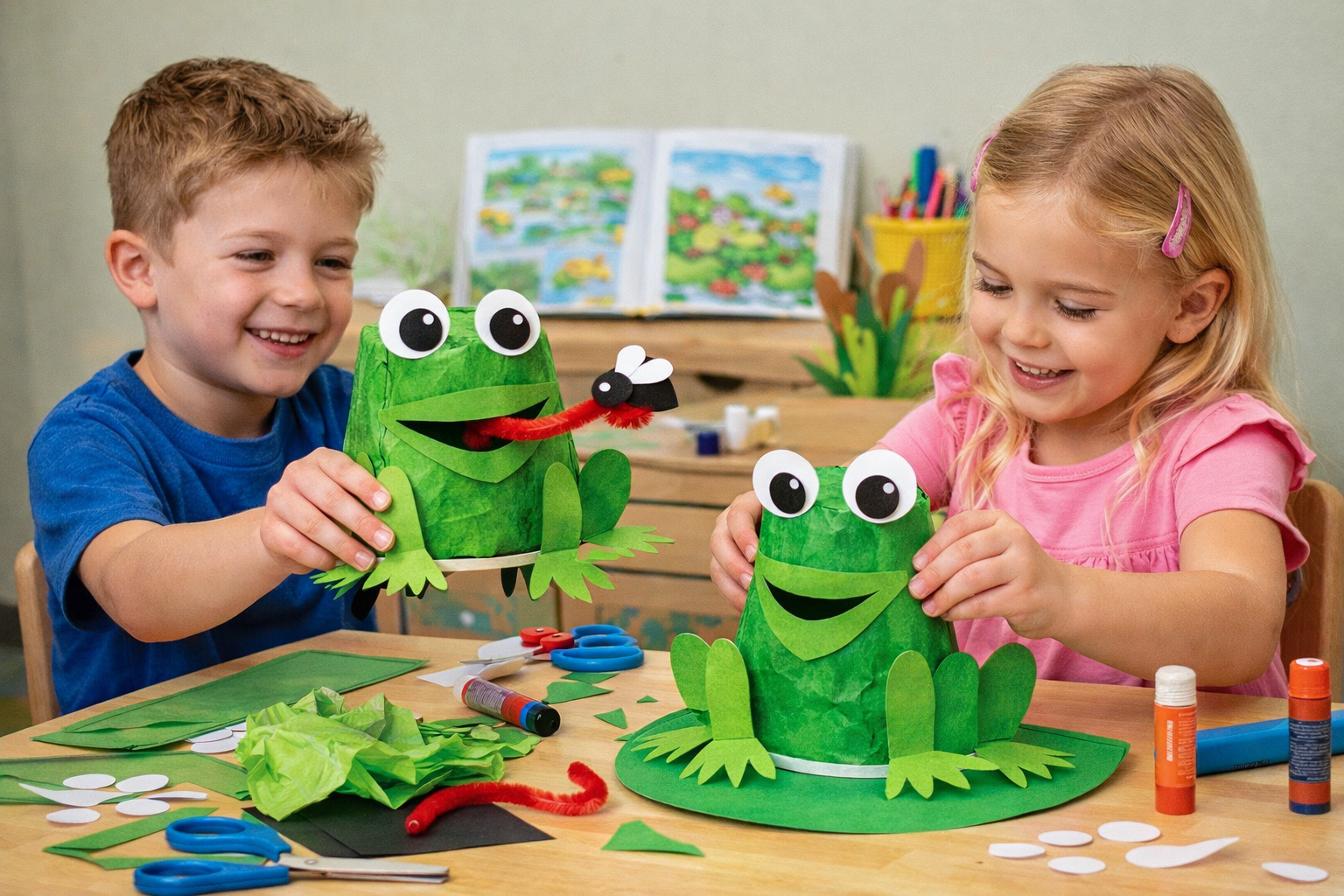 kids making paper frog craft
