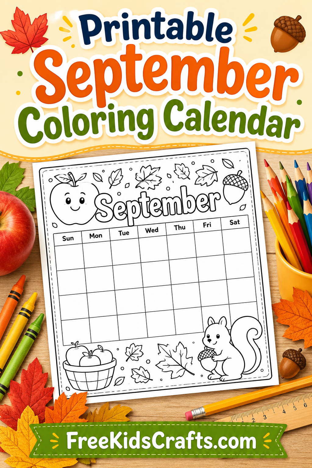 September printable coloring calendar design