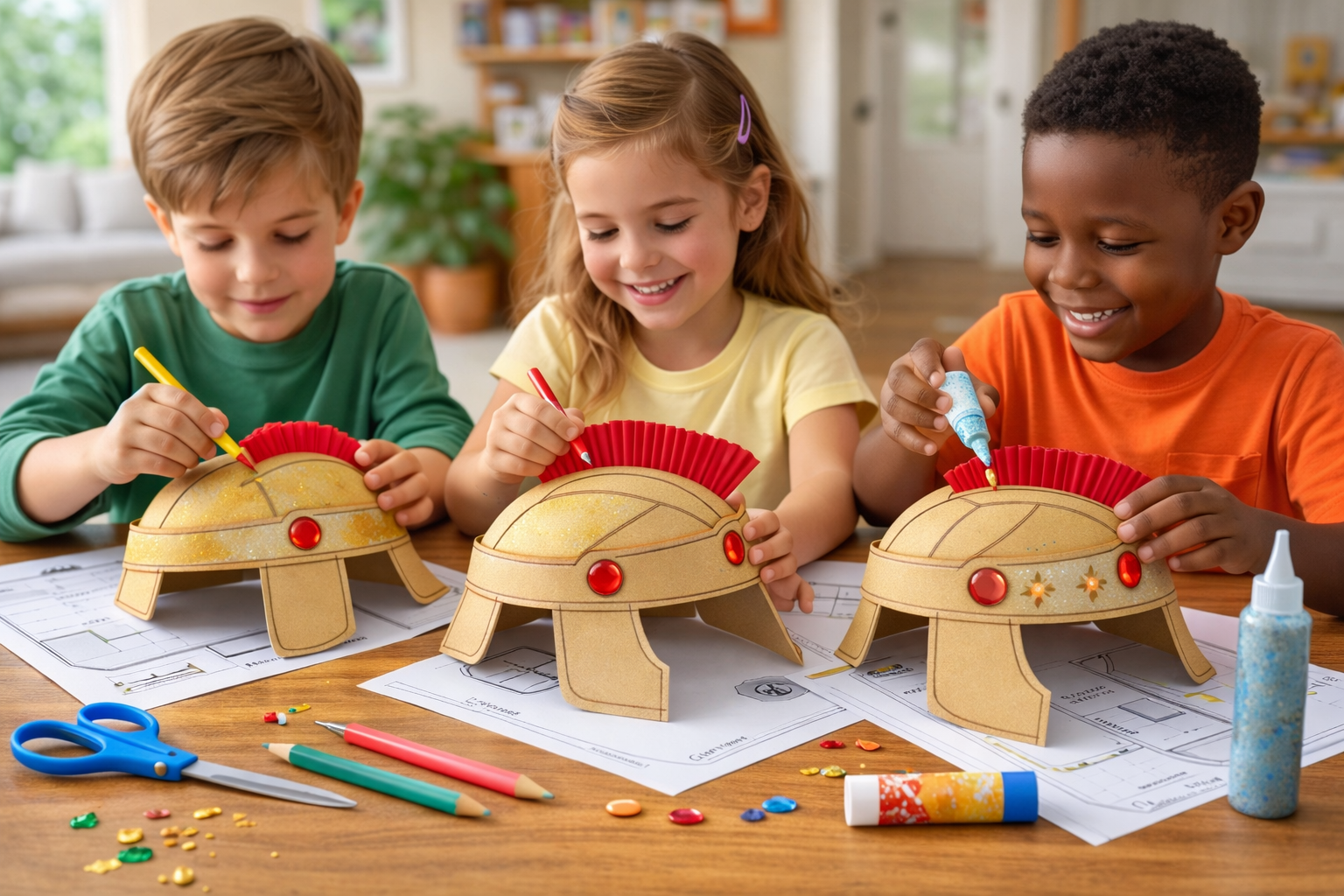 kids decorating their roman helmet crafts