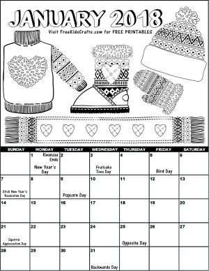 2018 Printable January Coloring Calendar