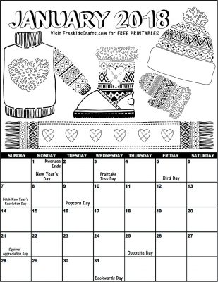 2018 Printable January Coloring Calendar