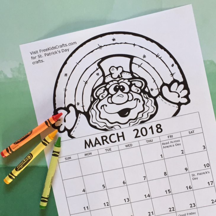 2018  Printable March Coloring Calendar