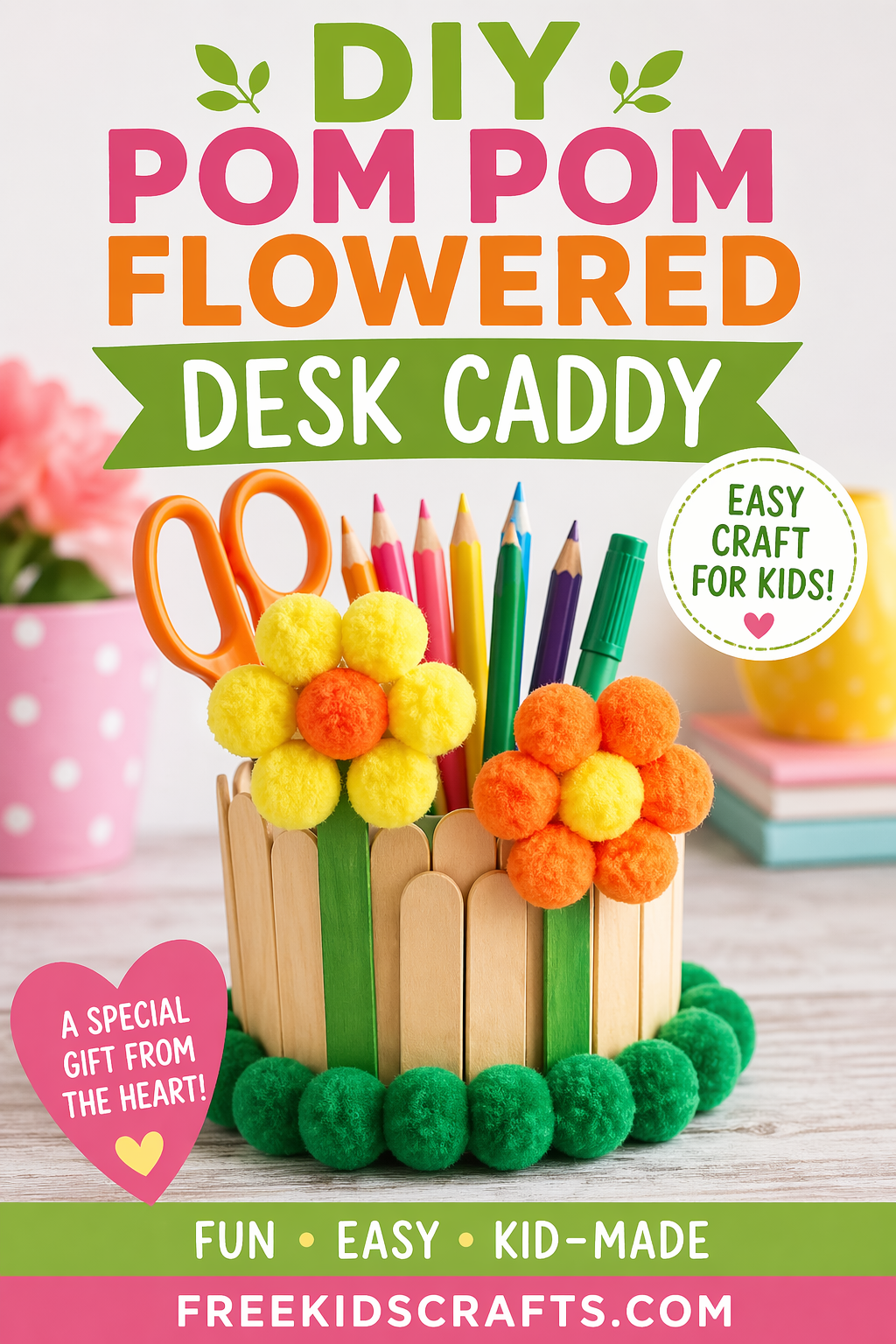 DIY Pom Pom Flowered Desk Caddy