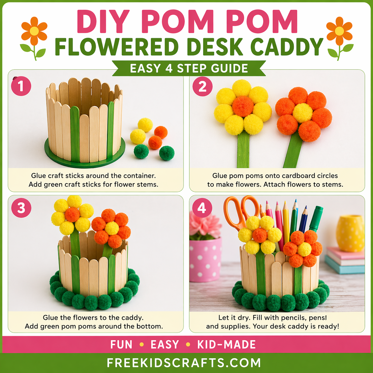 DIY pom pom flower desk caddy tutorial

