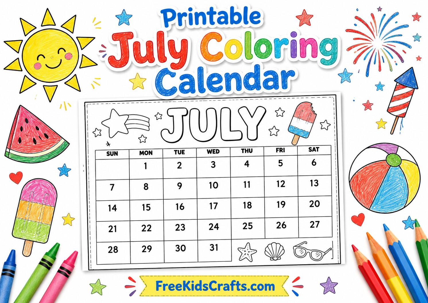 July printable coloring calendar for kids