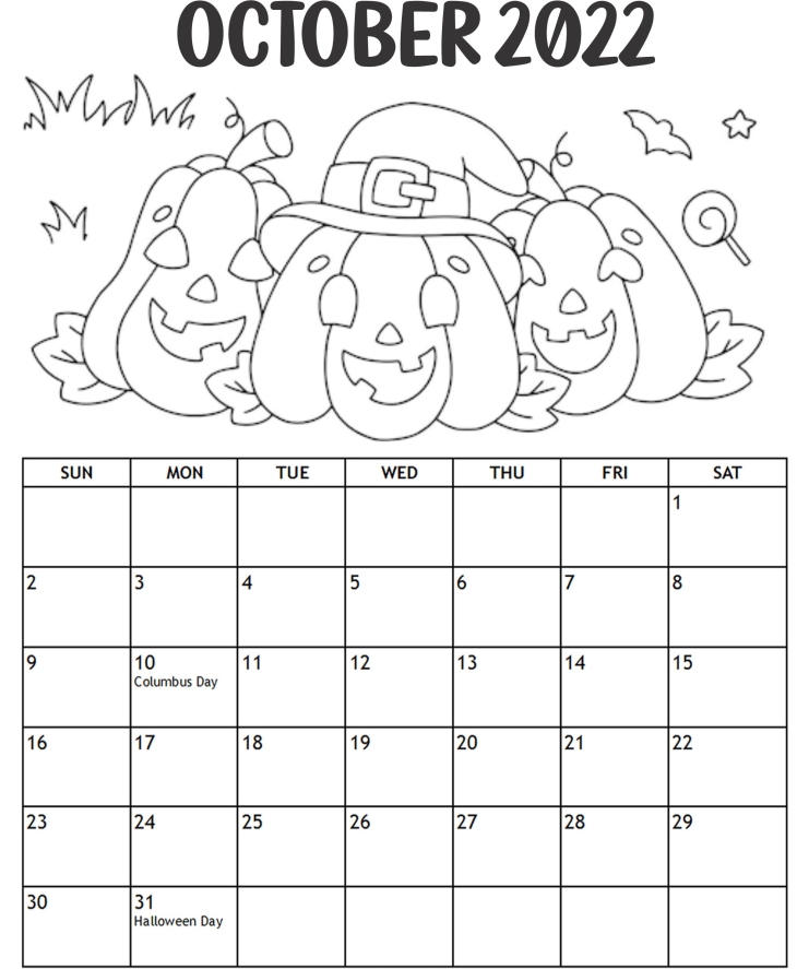 2022 Printable October Coloring Calendar