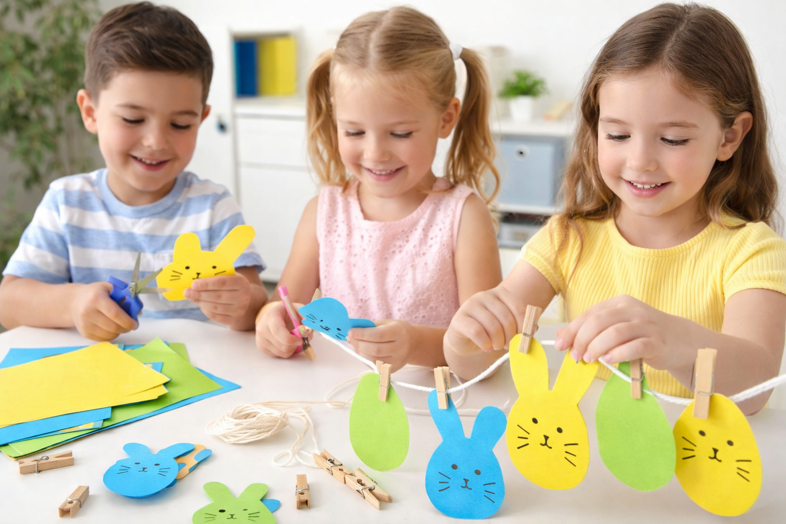 kids making easter bunny garland