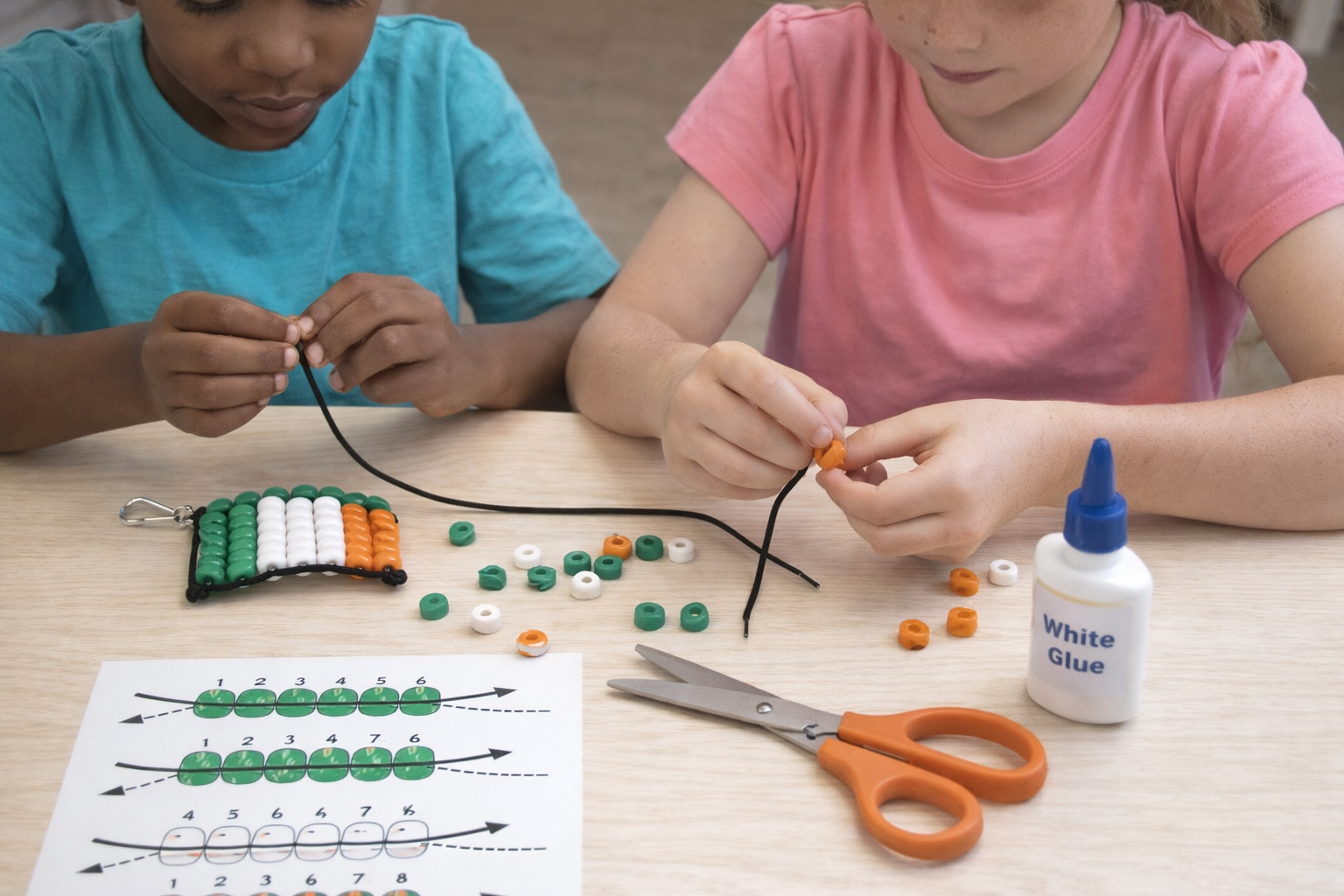 kids making irish flag from beads