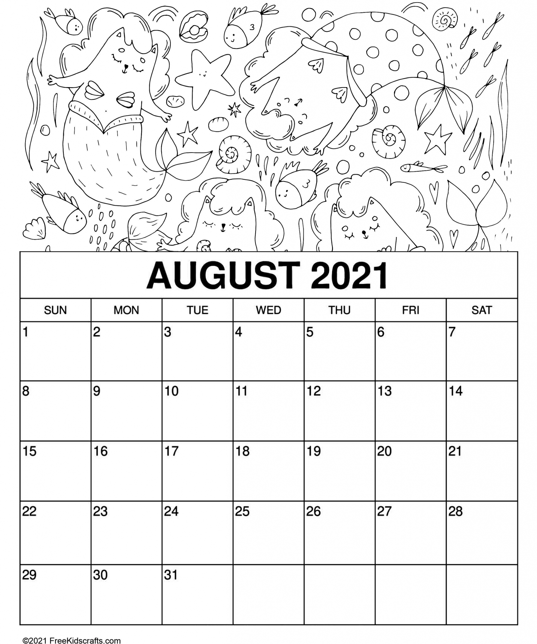 Printable August Coloring Calendar