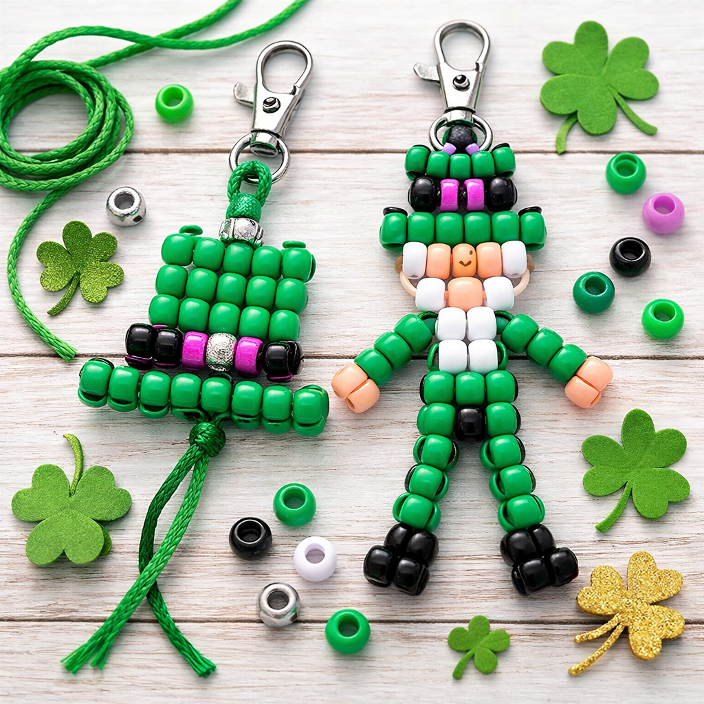 Leprechaun and Hat Pony Bead laying on a table