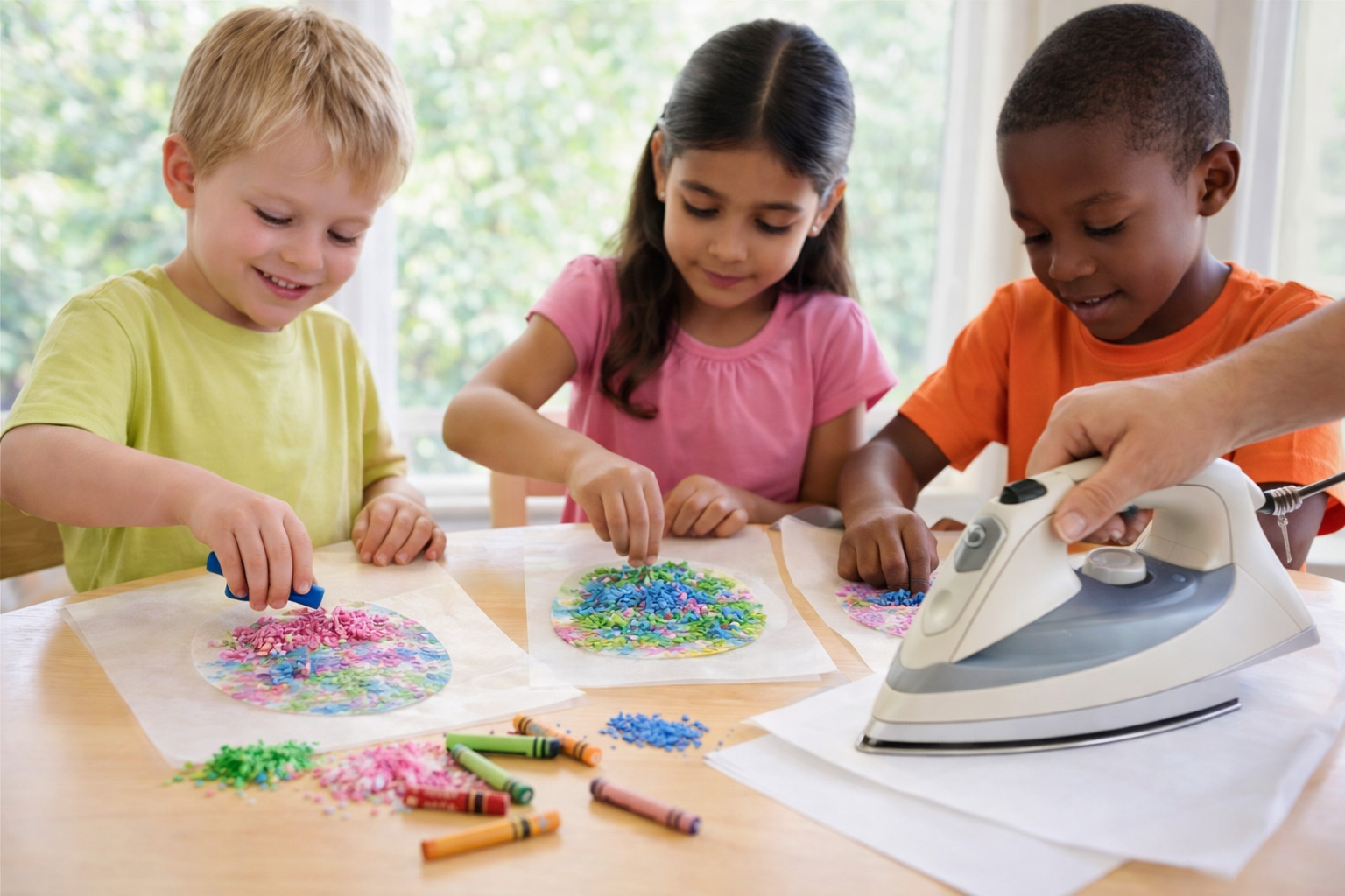 kids making crayon easter egg sun catchers
