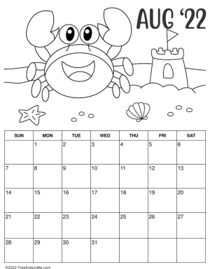 Printable August Coloring Calendar