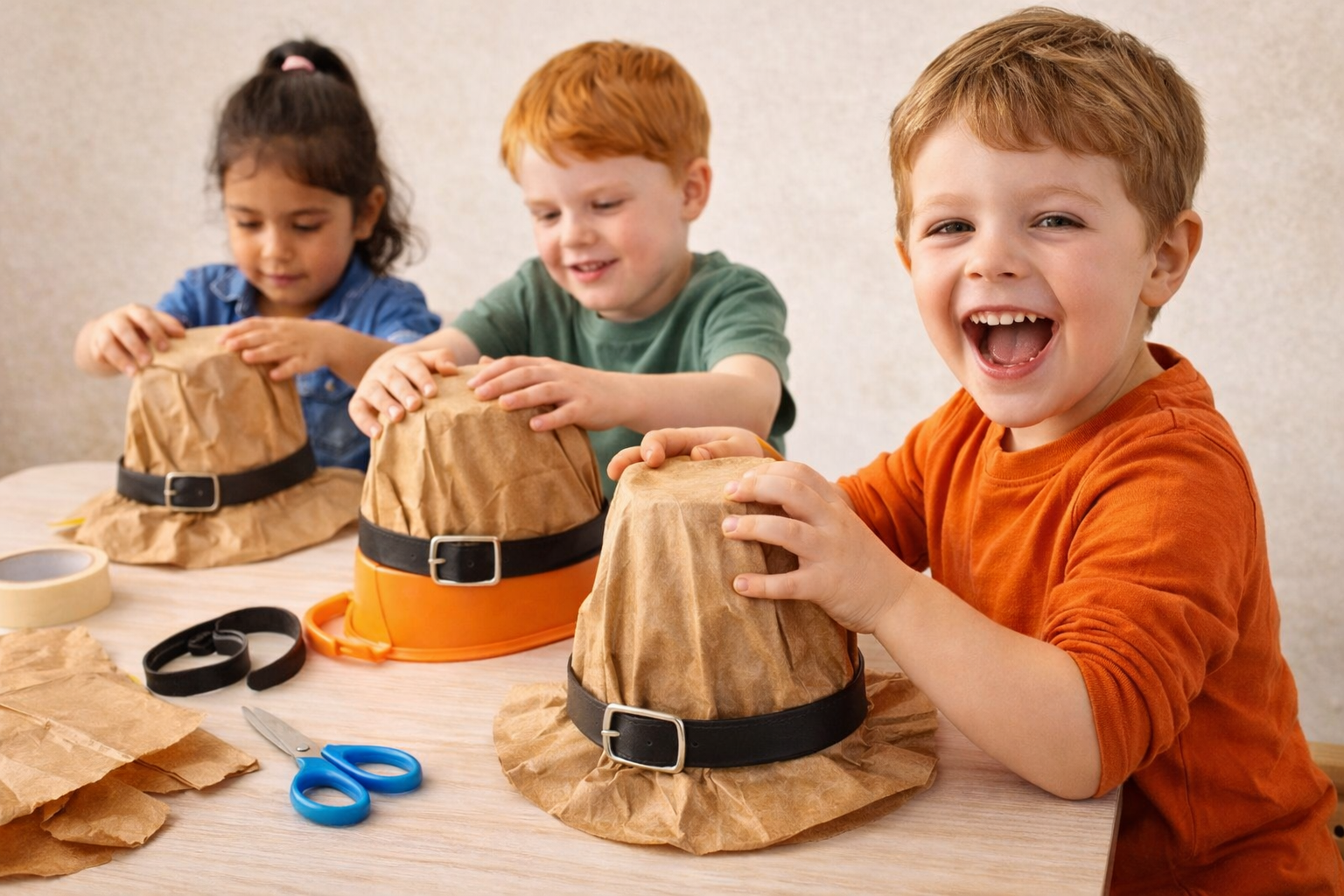 kids making pilgrim hats craft