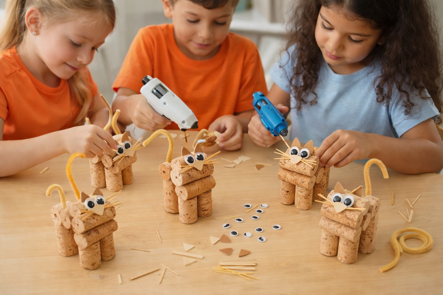 kids assembling cork cat craft