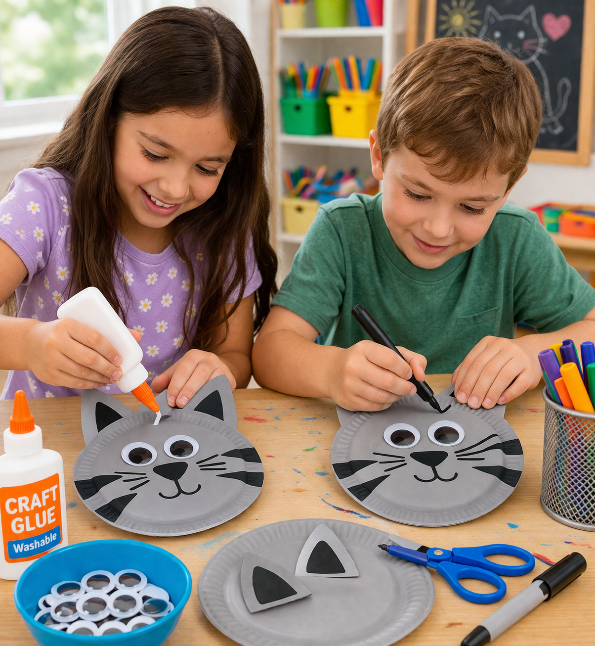 kids making cat paper plate crafts