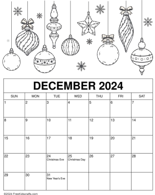 Printable December Coloring Calendar for kids