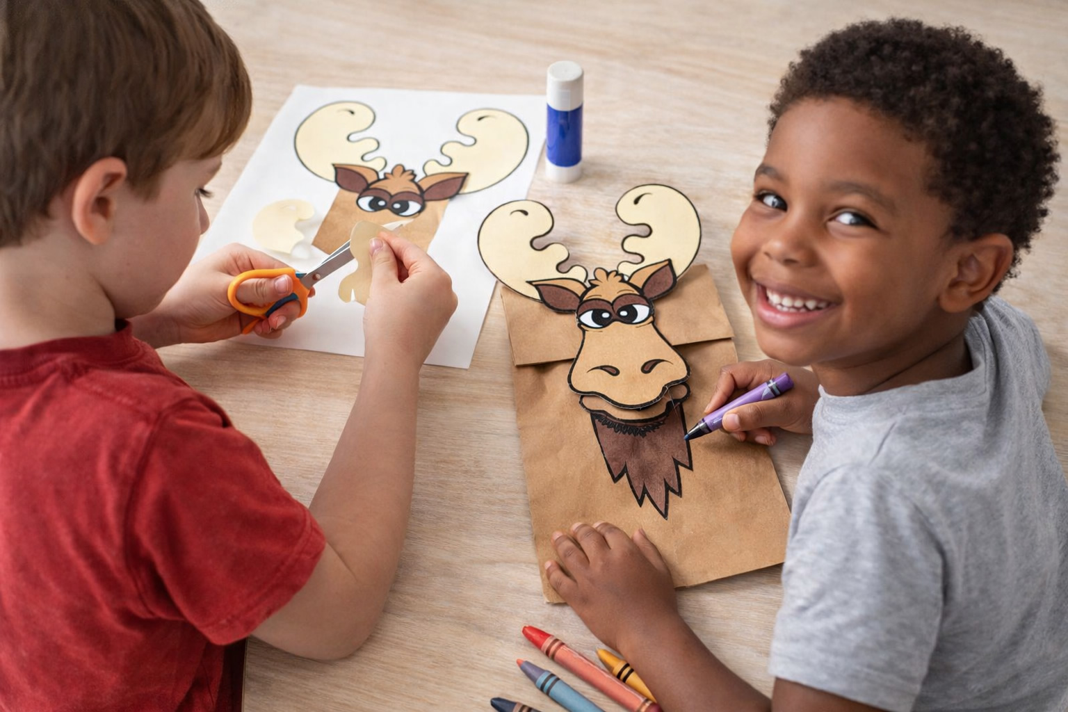kids making moose puppets
