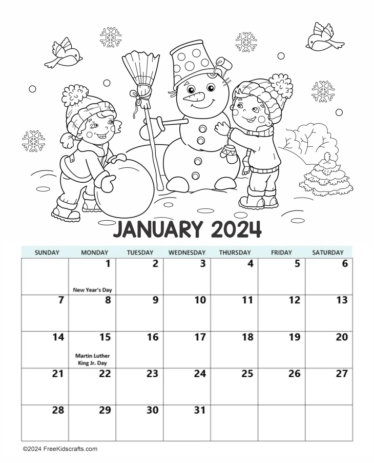 PRINTABLE JANUARY COLORING CALENDAR