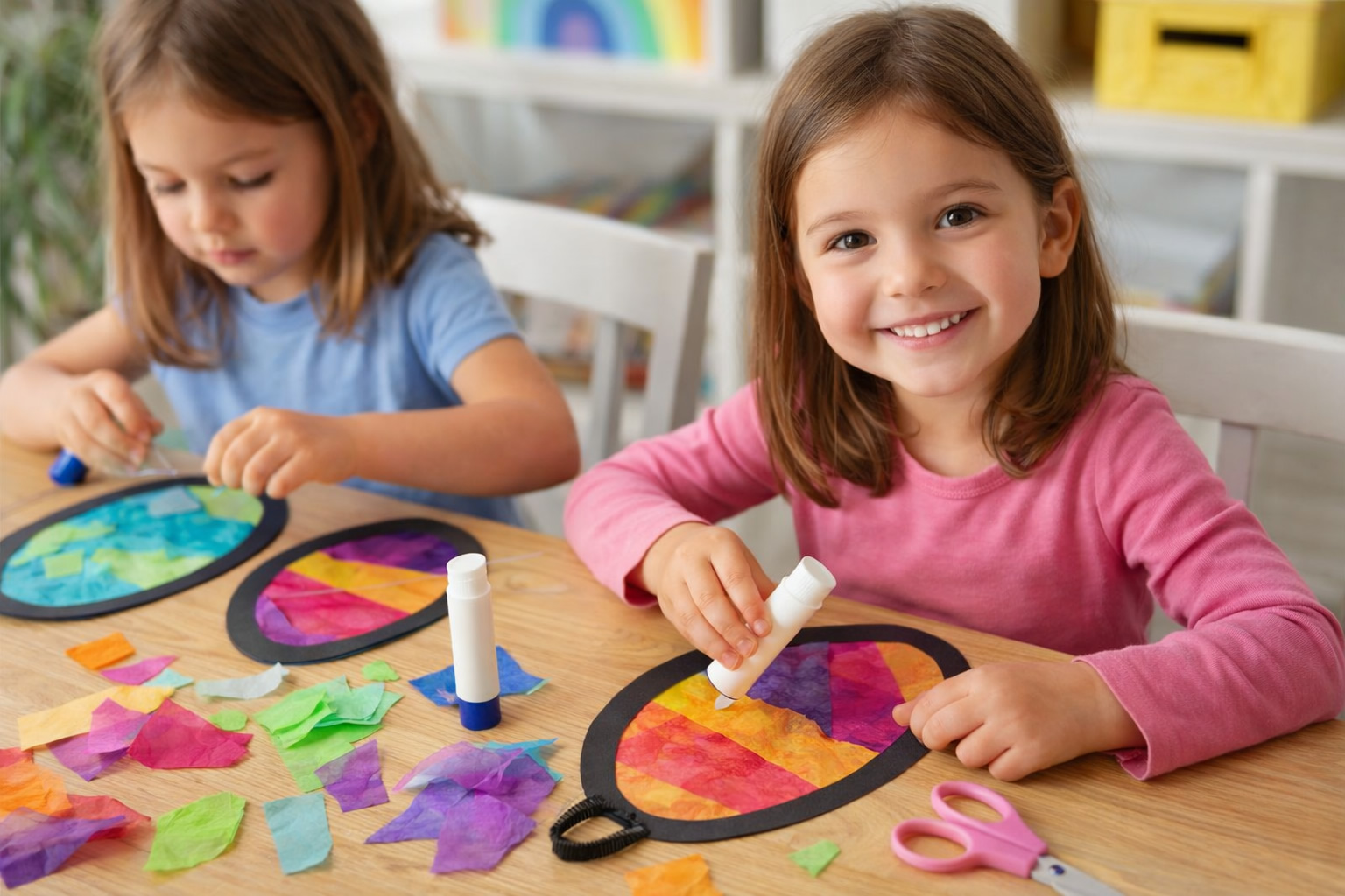kids making tissue paper easter eggs
