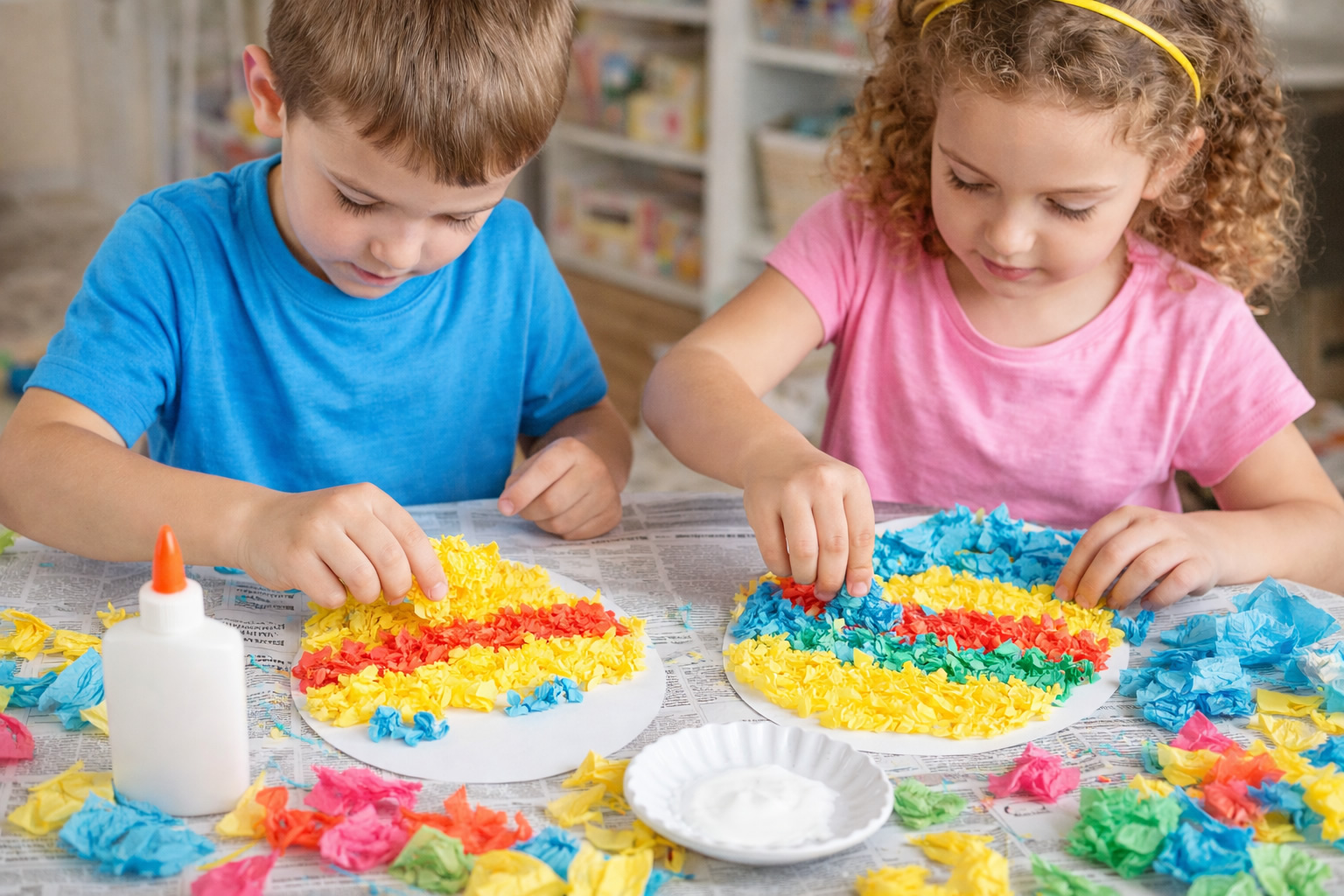 kids making tissue eggs craft