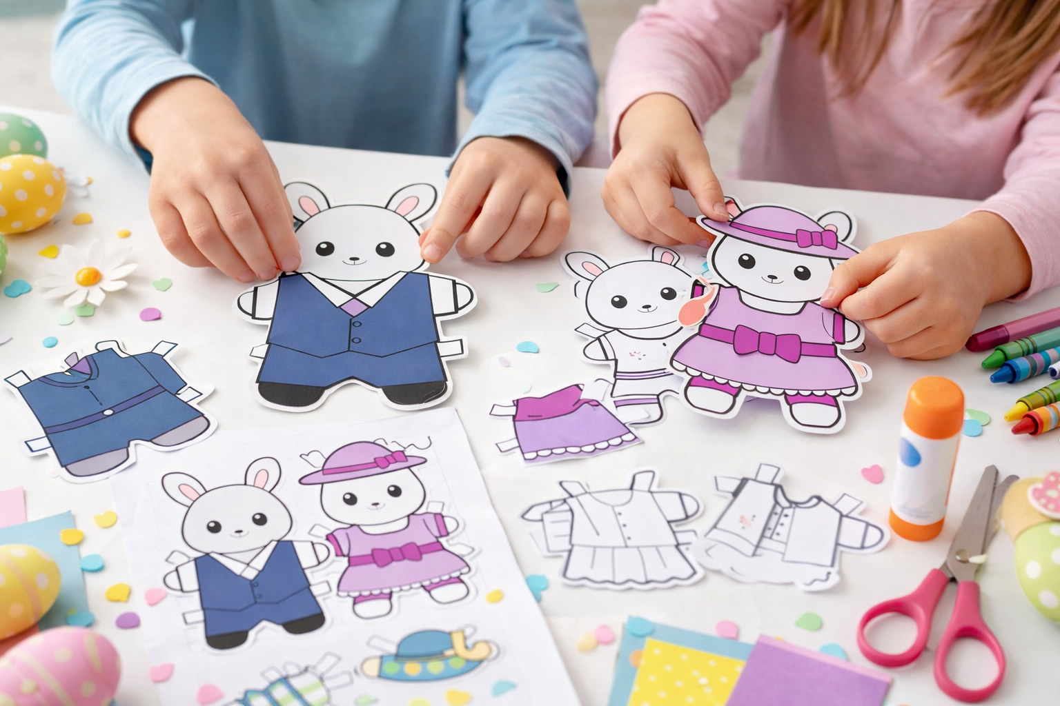 kids making easter paper dolls at crafting table