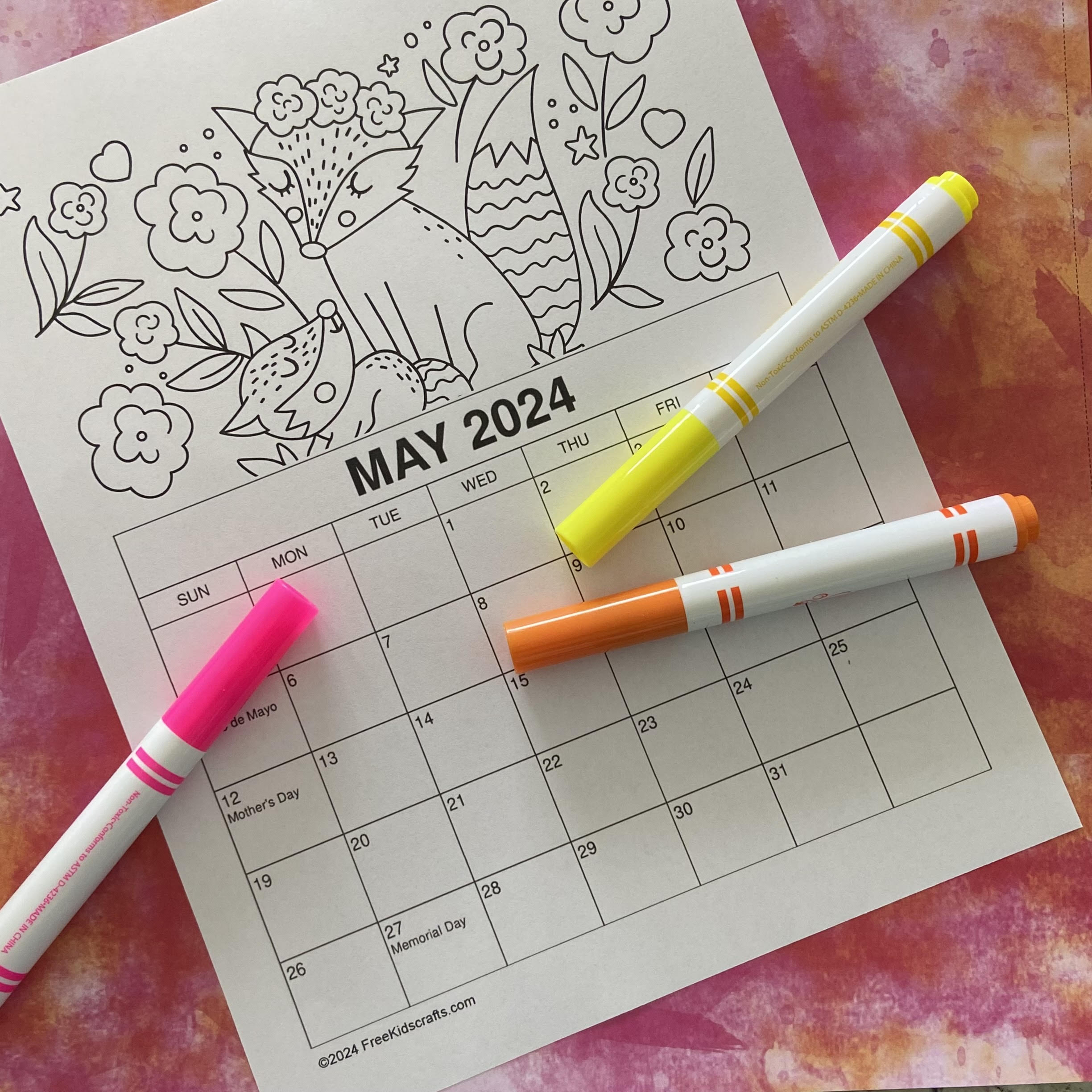 Printable coloring calendar for kids