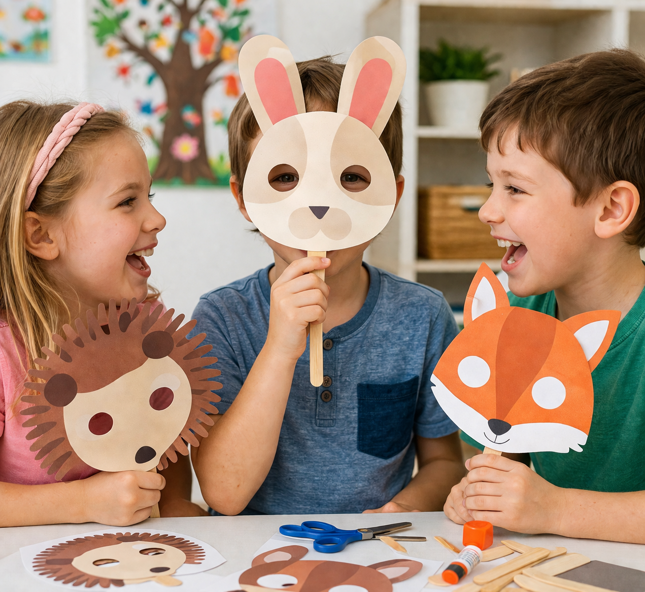 Creative kids with playful animal masks

