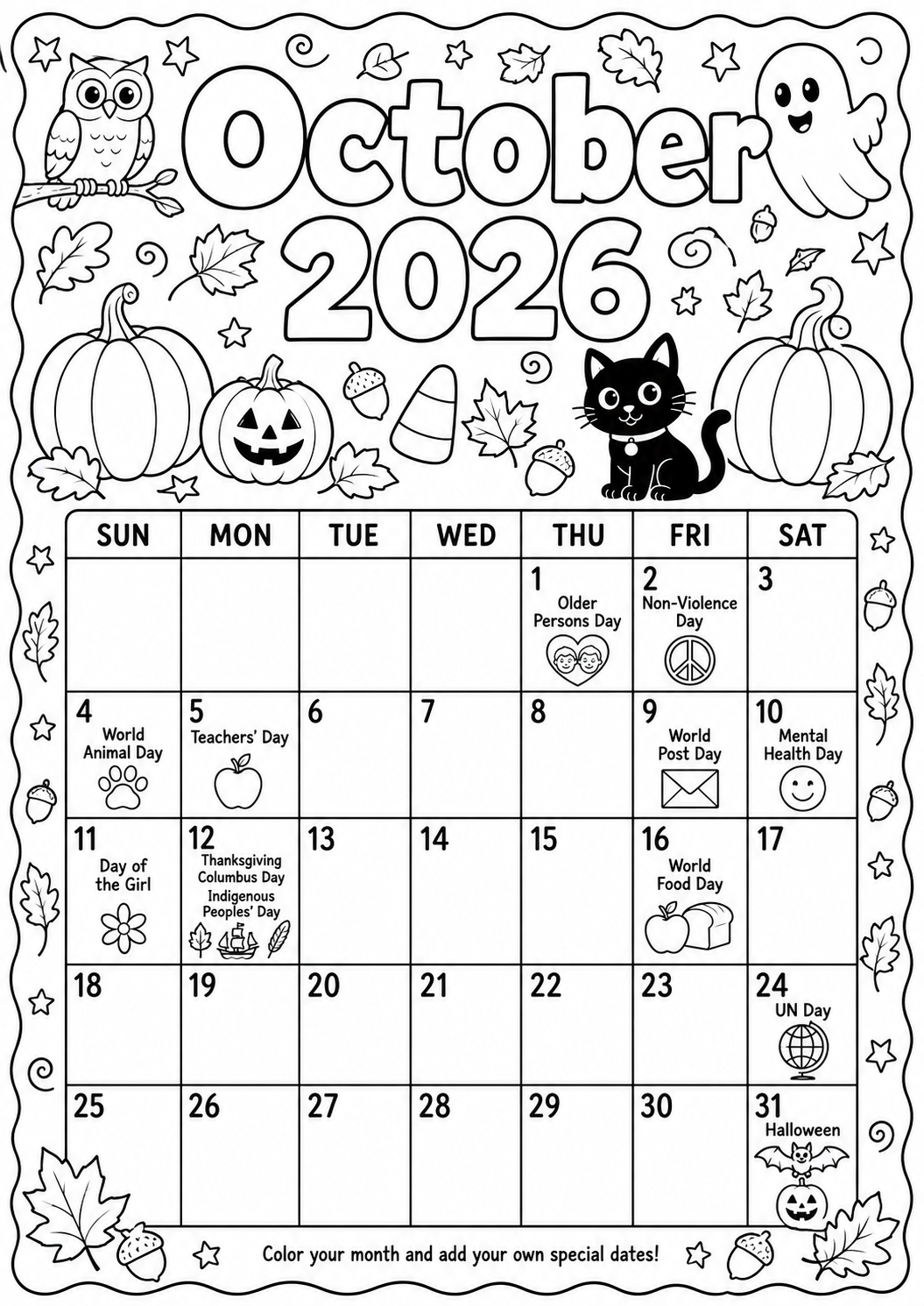 Halloween-themed October 2026 calendar page