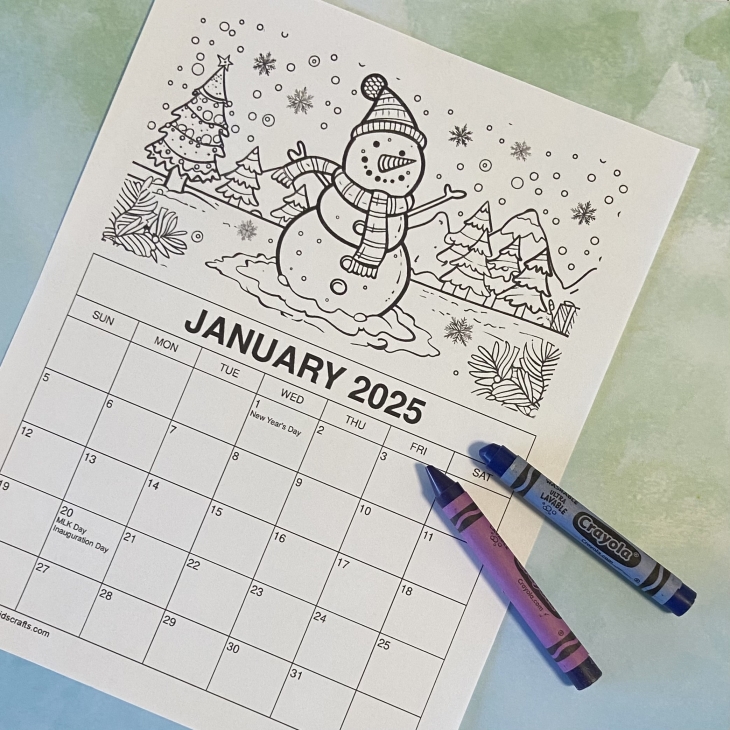 2025 JANUARY COLORING CALENDAR TO PRINT